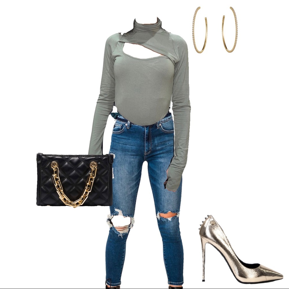 Long Sleeve Bodysuit w/Cut Out Turtle Neck Stretchy Soft Button Closure - Picture 2 of 6